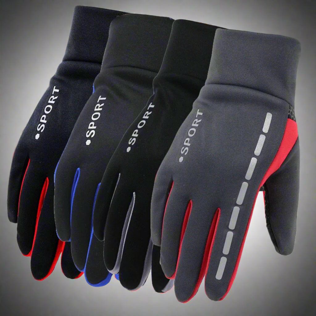 Four pairs of gloves with 'Sport' branding on a snowy background