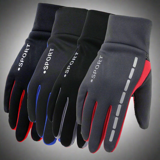 Four pairs of gloves with 'Sport' branding on a snowy background
