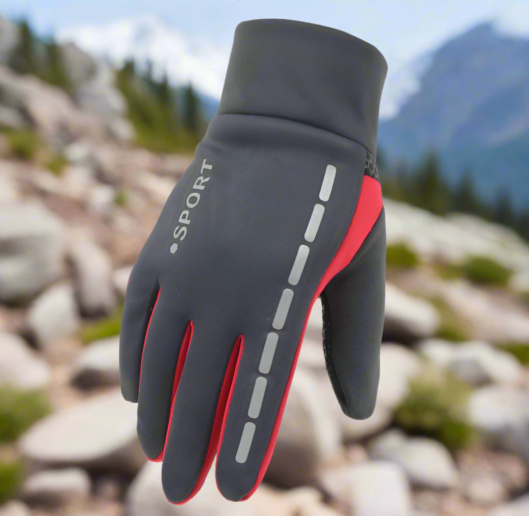 Gray glove with red accents and 'Sport' branding on a white background